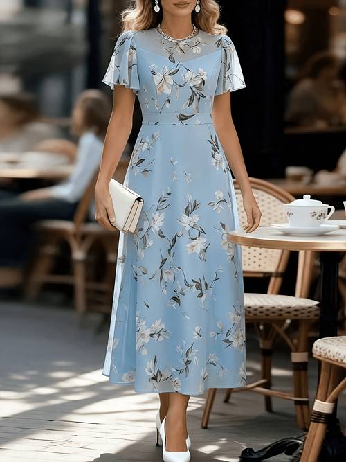 2026 summer new chiffon round neck short sleeve dress suitable for friend wedding and casual shopping cinched waist flared maxi dress