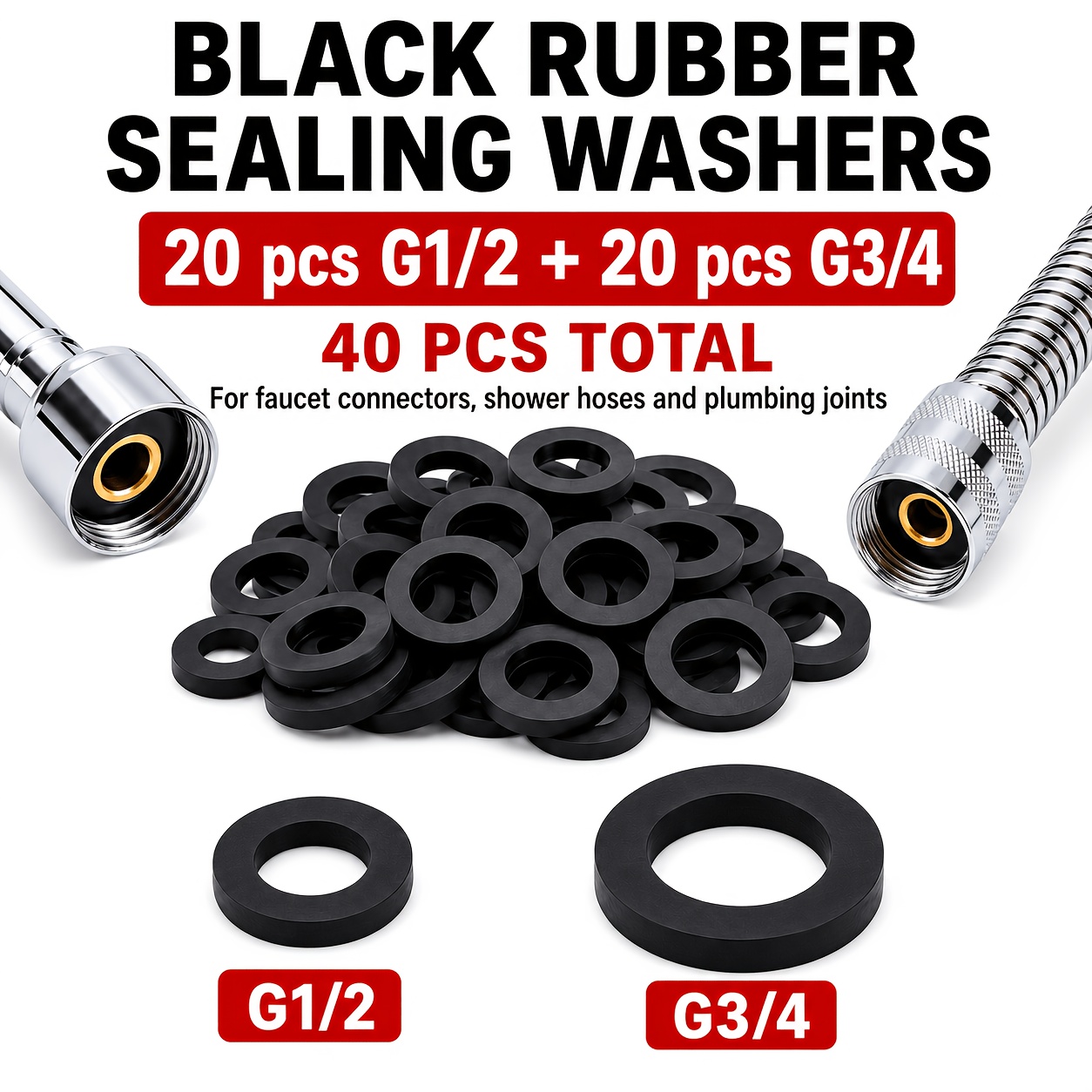 TEMU Juego de 40 arandelas de de goma negras combinadas de especificación G1/2 + G3/4, 20 G1/2 + 20 G3/4, adecuadas para interfaces de grifos,