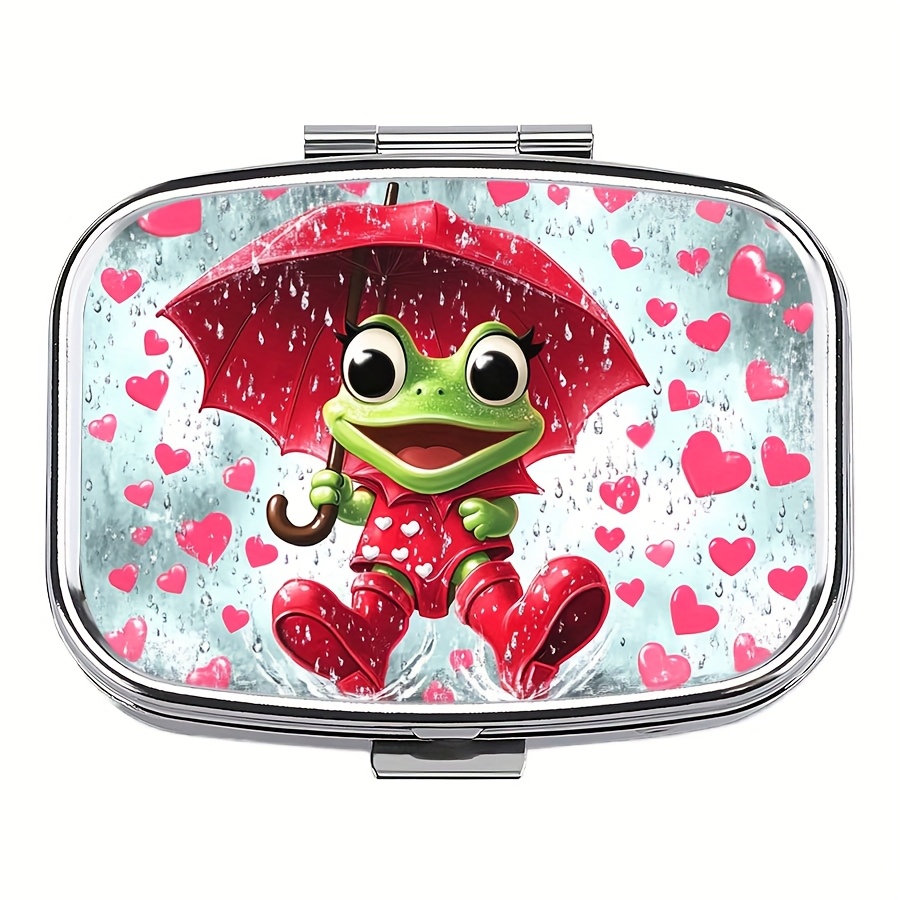 TEMU 1pc Frog Playing In Pill Box, Compact Pill Box With 2 Compartments - Portable & Decorative Metal Pill Organizer For Purse Or Travel, Mini Pill Organizer For Travel Or Daily