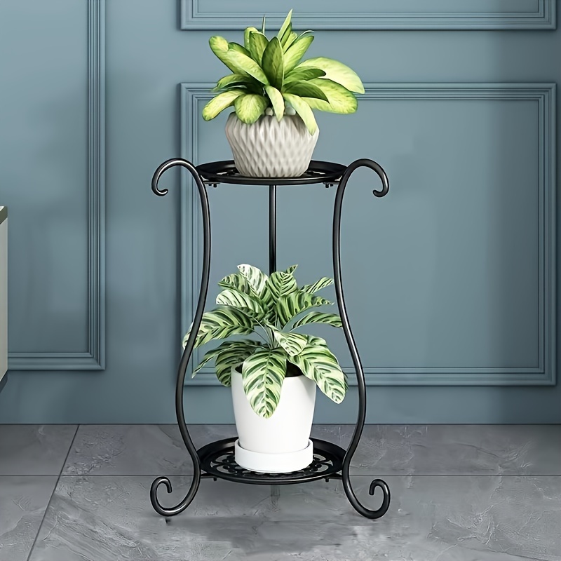 

1 Pack, 2-tier Iron Plant Stand, Classic Style, Floor Standing Flower Pot Holder, 23.62in Height For Indoor Outdoor Garden Decor, Black White Options