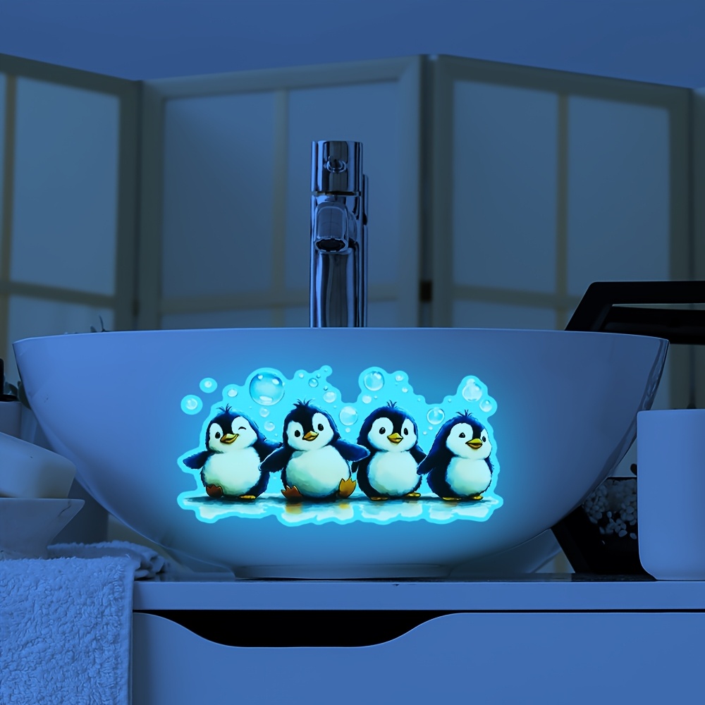 2d Flat Adorable Splashing Penguin Bubbles Animal Luminous Night Stickers, Self-adhesive Removable Toilet & Wall Decals For Bathroom And Bedroom Home Decor Peel And Stick 12*20cm/4.7*7.9inch, 2d Flat
