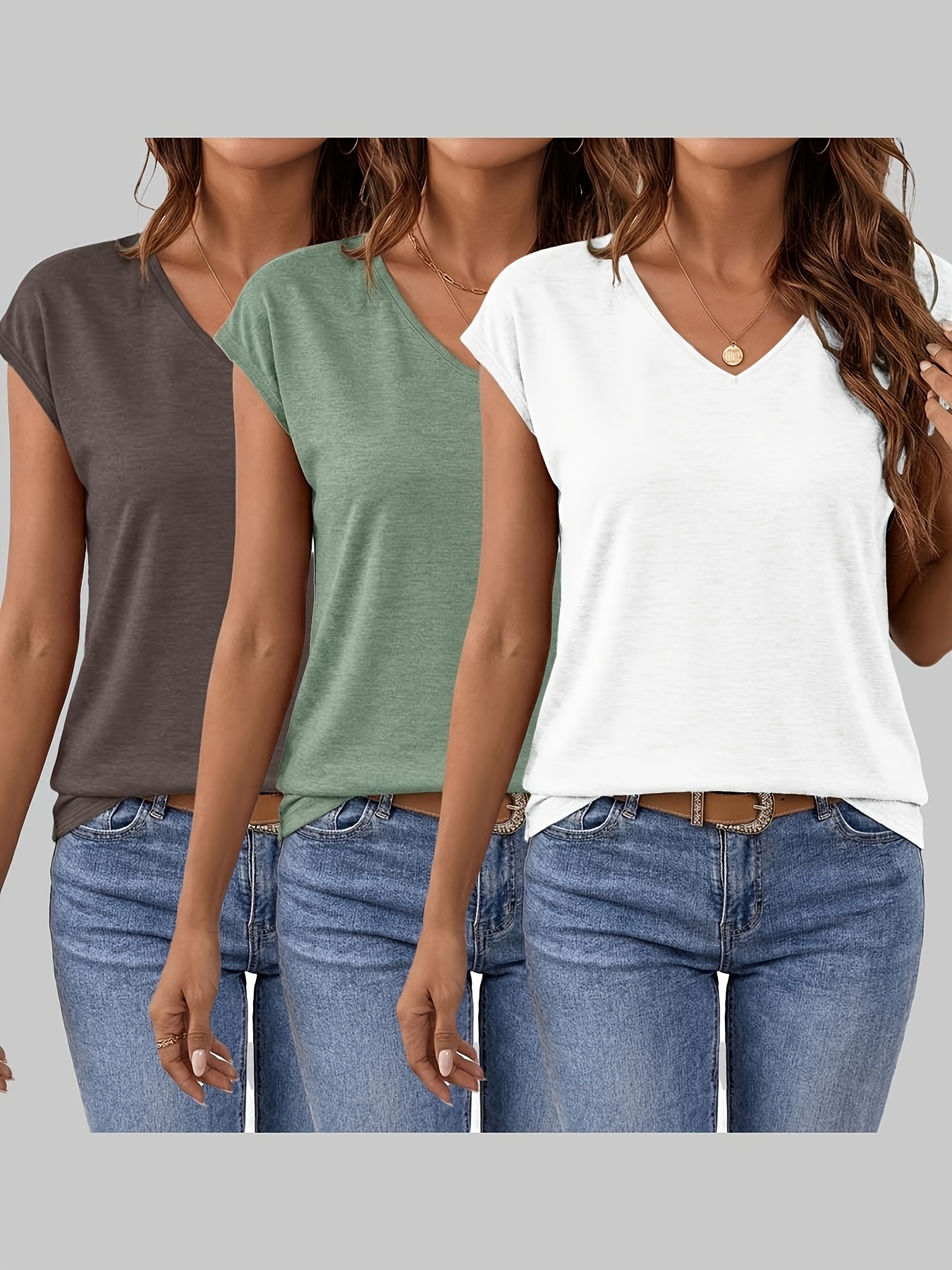 3pcs solid v neck short sleeves womens spring summer new loose casual top base t shirt comfortable   style suitable for spring summer daily and home breathable and machine washable