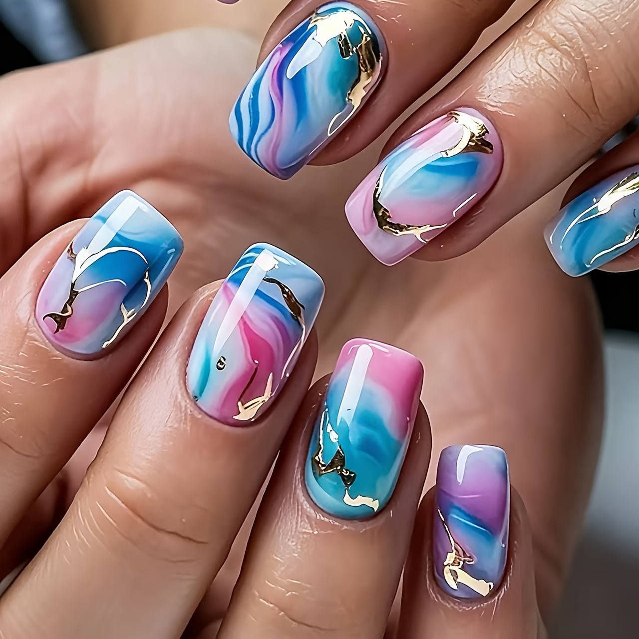 TEMU 24pcs Short Square Shape, Purple Swirl With Design, Glossy False Nails
