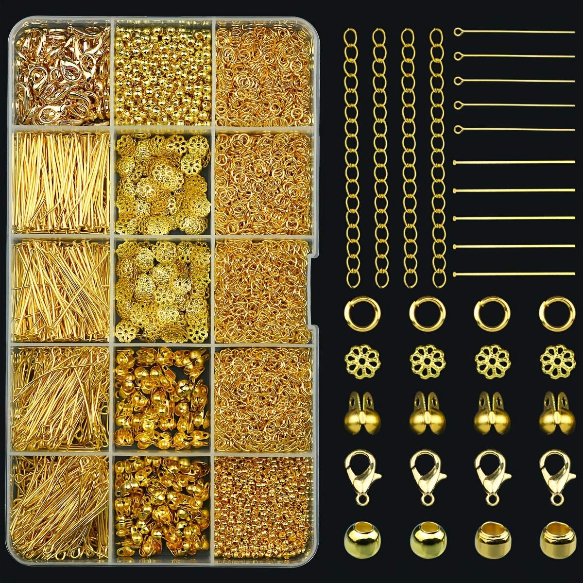 

1200pcs Golden Jewelry Making Kit With Jump Rings, Head Pins, Extender Chains, Double Toggle Clasps, Single Loop, Bead Caps, Spacer Beads, Lobster Clasps For Diy Crafts, Alloy Material