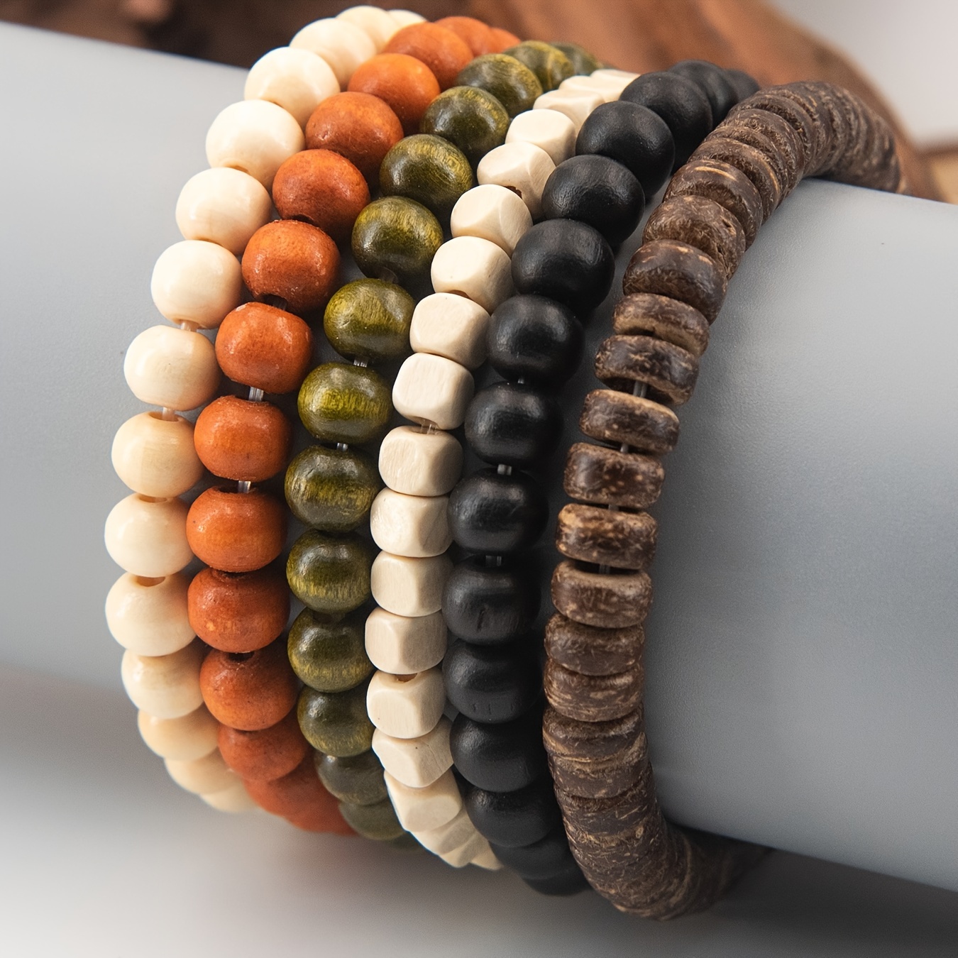 

6-piece Set Wooden Beaded Bracelets, Unisex, Rustic Bohemian Style, Multi-color, Vintage Fashion Jewelry Accessory, For Men And Women