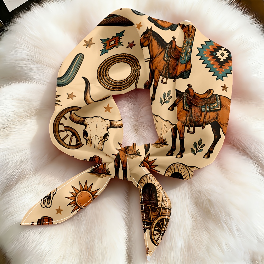 TEMU Western Cowboy Print Bandana - Soft Comfortable Retro Unisex Square Headscarf, Neck Scarf, Suitable For Daily Wear, Outdoor Activities, Vacation