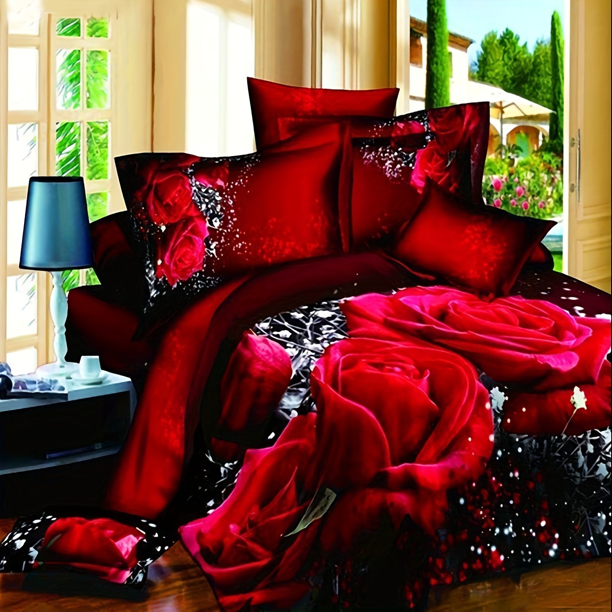 TEMU 2/3pcs Red Rose Print Bedding Set, Bedroom Decor Duvet Cover With Pillowcases Set, No Filler (1pc* Duvet Cover + 1/2pcs*pillowcases, No Pillow Core)