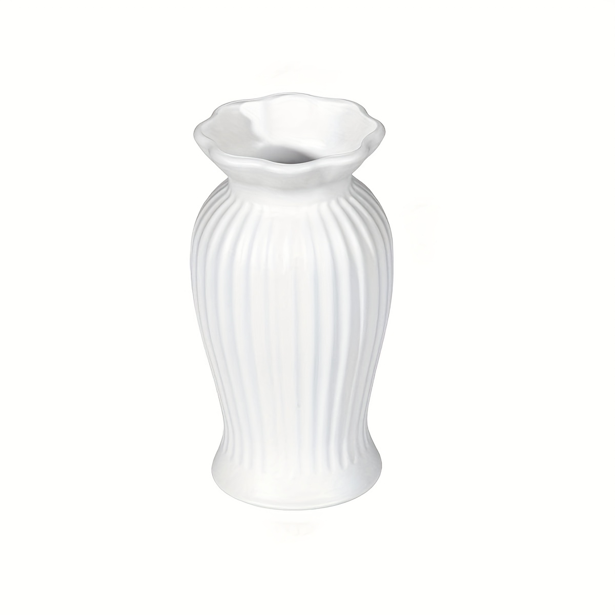 E-shop Lotusrand-Vase im europäischen Stil mit vertikalen Streifen, weiße runde Bauchvase, Blumenvase aus Kunststoff, dekoratives Ornament für