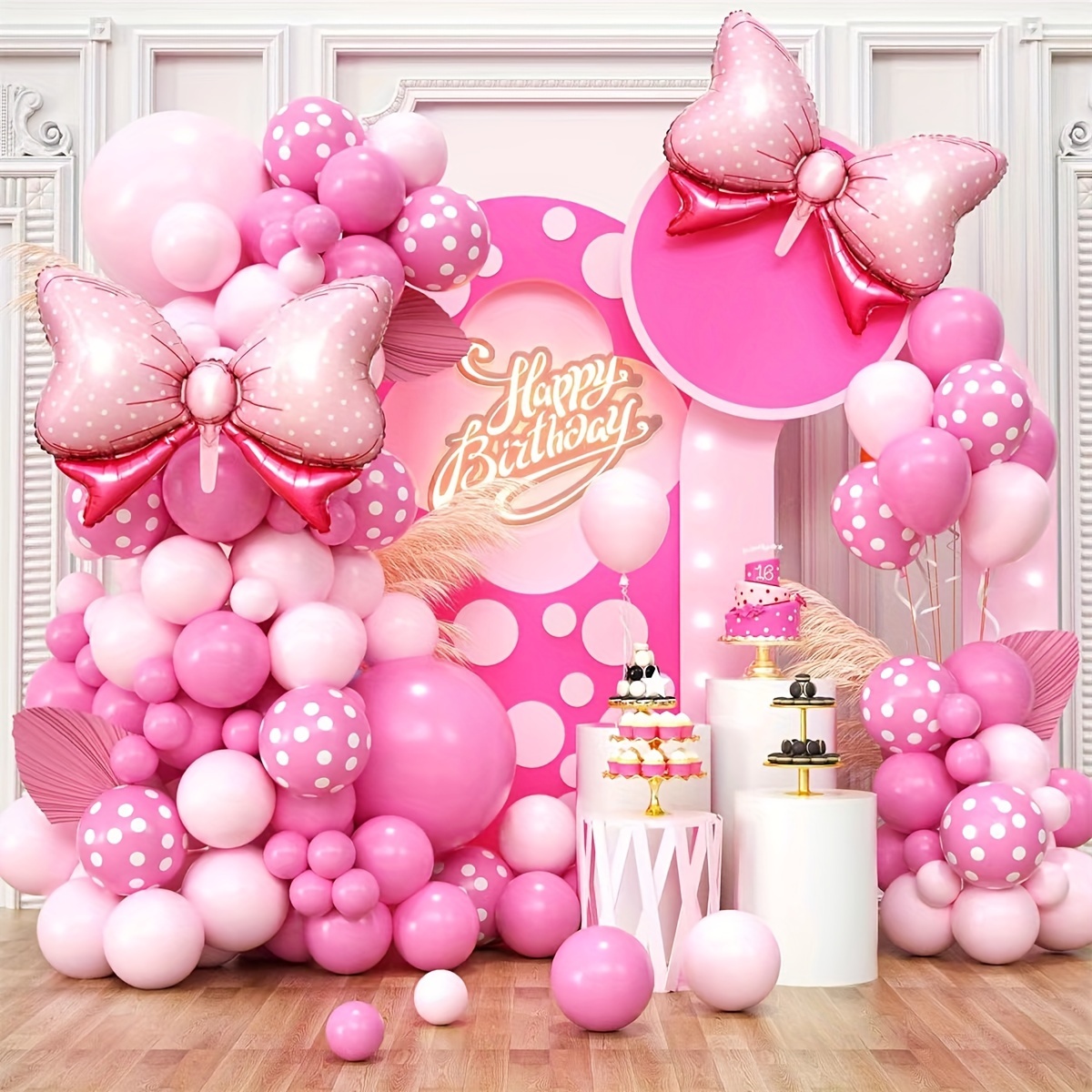 

100pcs Pink Balloon Arch Kit With Bow Foil Balloons, Polka Dot Latex Balloons For Birthday, Wedding Decorations - All Seasons, Ages 14+