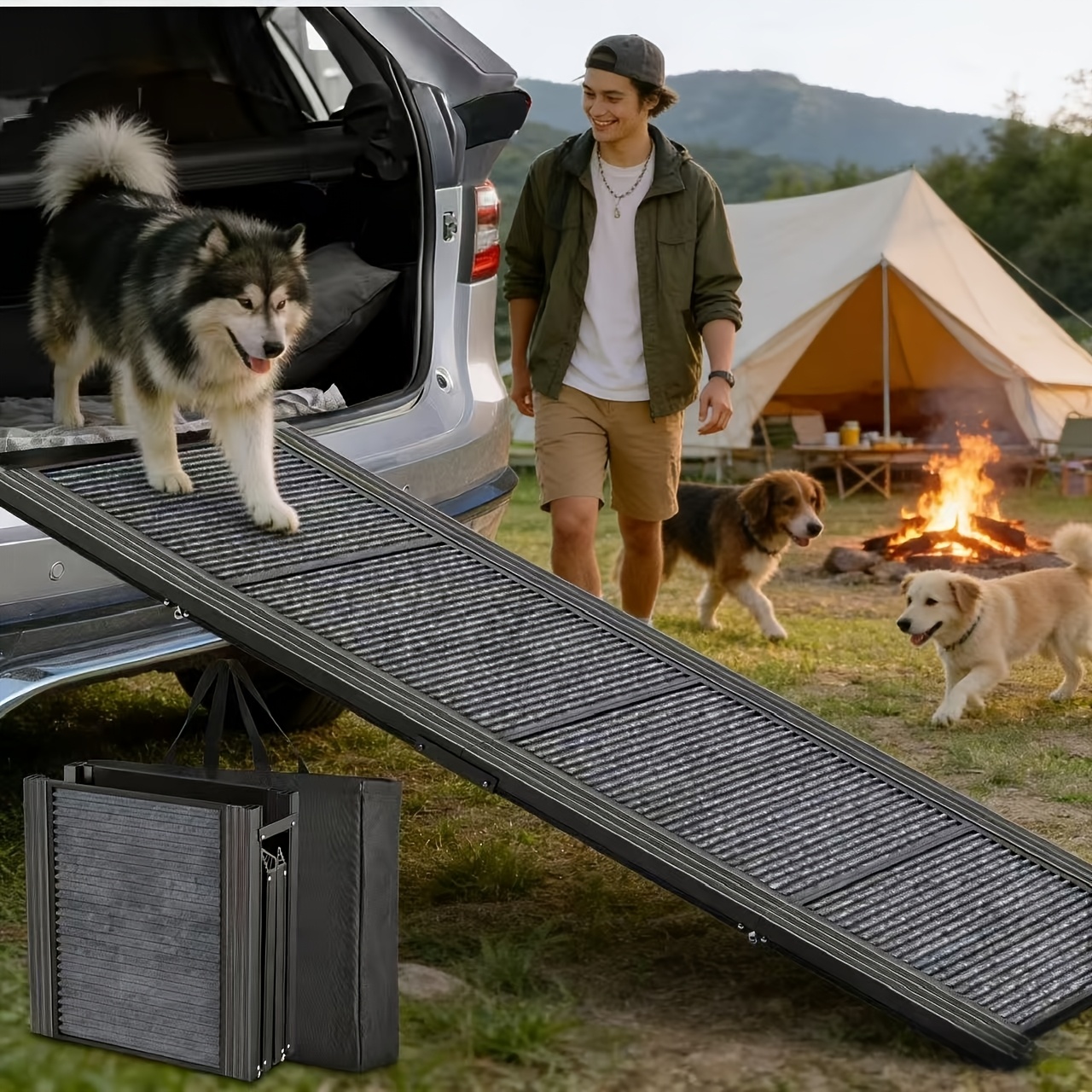 TEMU Dog Ramp For Car, 63" Long & 17" Wide Folding Portable Pet Stair Ramp With Non-slip Rug Surface, Extra Wide Dog Steps For Medium & Large Dogs Up To 250lbs Enter A Car,