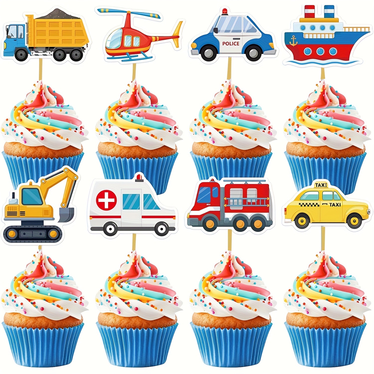 24pcs Transportation Cupcake Toppers | Cute Car Truck Airplane Ship Cupcake Picks For Birthday, Baby Shower, Vehicle Party Cake Toppers Decorations, Material, Halloween, Christmas