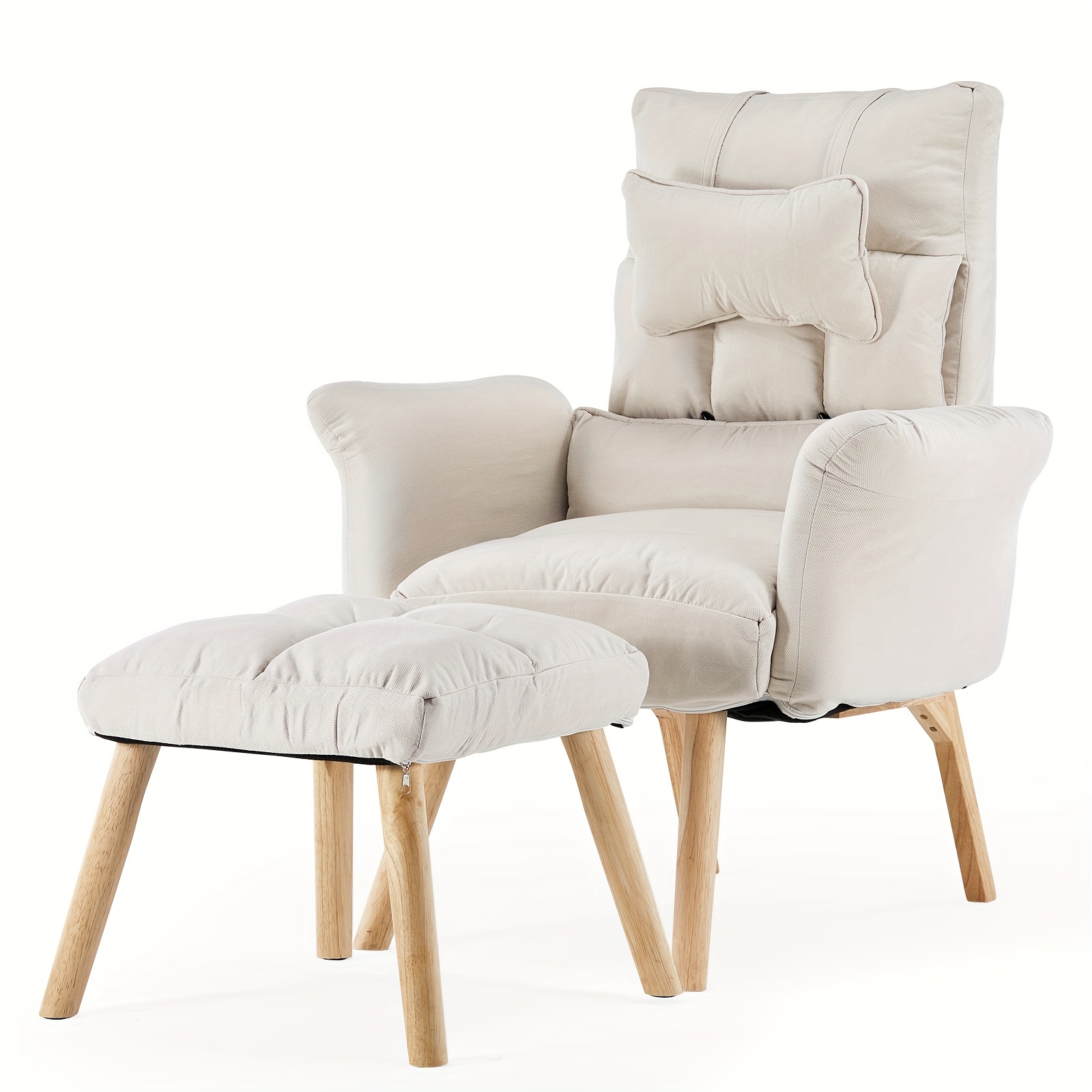 Image of Linen Recliner Chair With Stool, 6-position Adjustable Backrest, 90°-180° Foldable Armchair With Solid Wood Legs, Tv Reading Relaxing Chair Living Room Lounge Chair Bedroom Sofa Chair
