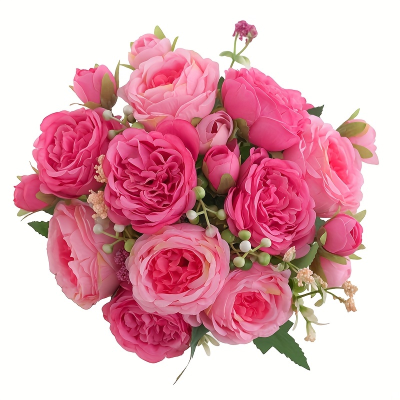 

2 Of Large 5-pronged Roses, Artificial Flowers, Hand-held Bouquet, 1 Bunch Of Pink + 1 Bunch Of