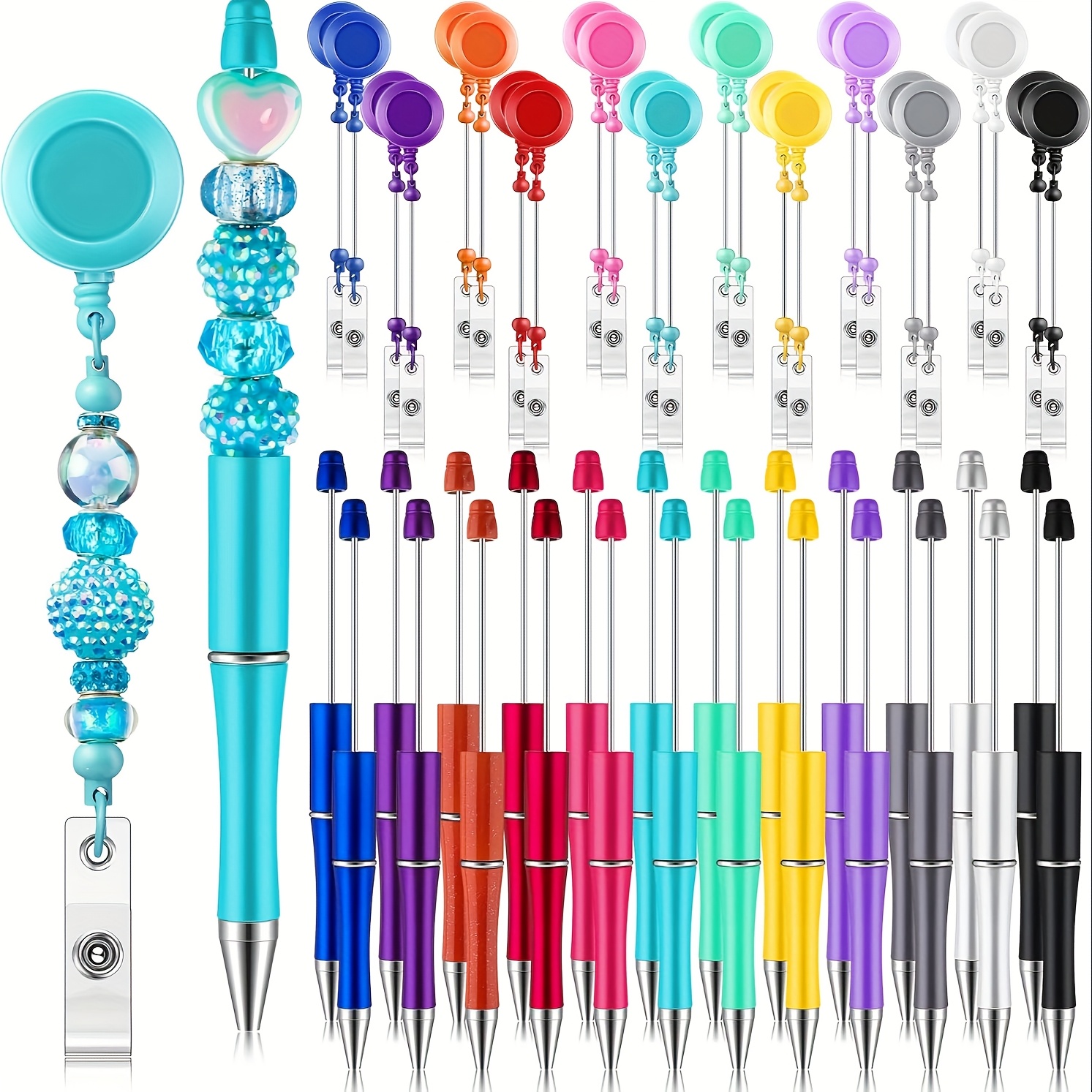 TEMU 24/48pcs Diy Bead Set Includes A Bead- Black Ink Ballpoint Pen And A Diy Bead- Badge Winding Tool, A Retractable Name Tag With A Belt Clip, A