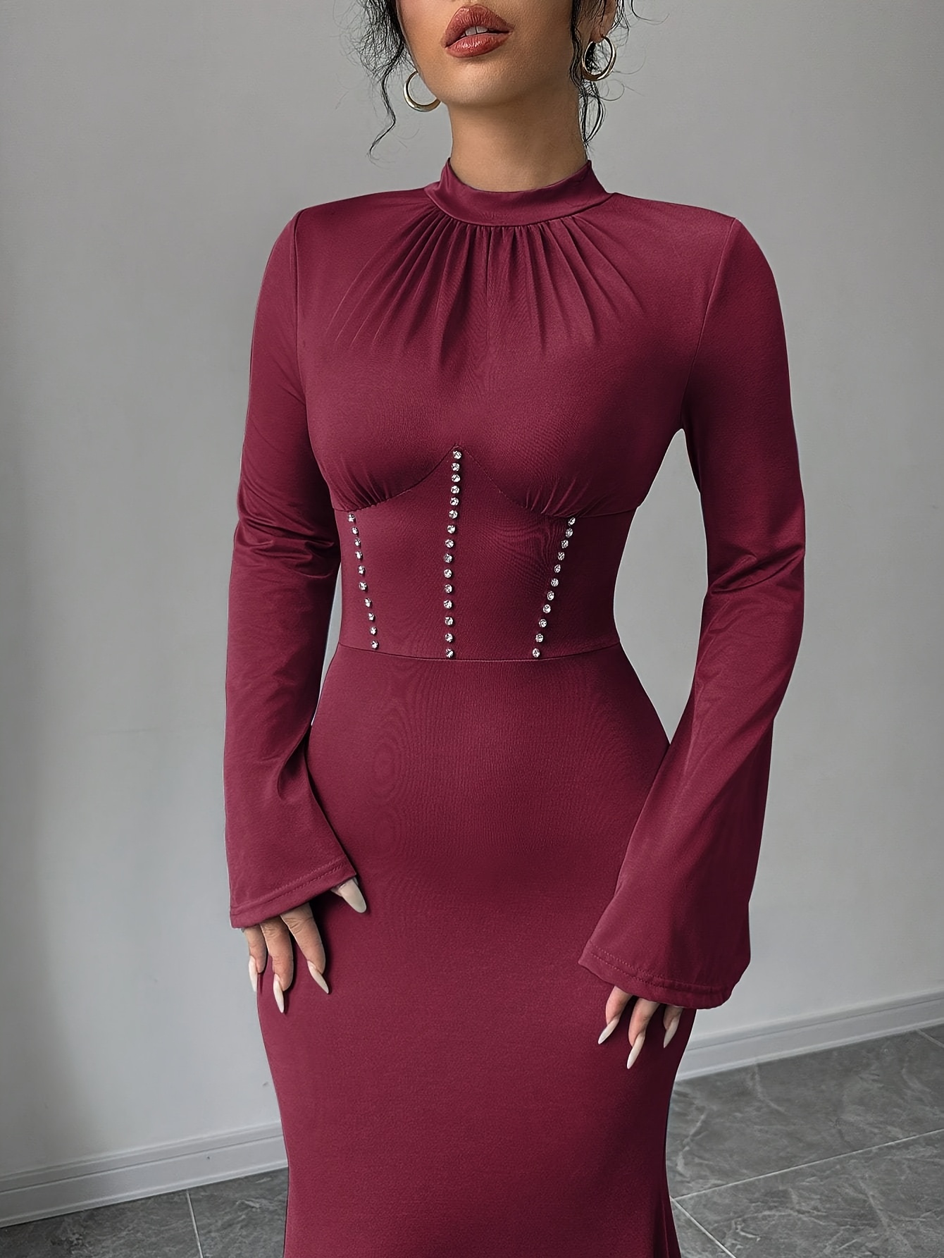knee length dresses for ladies Tight Ruched Long Sleeve Mini Dress, Brown / Xs main image 0