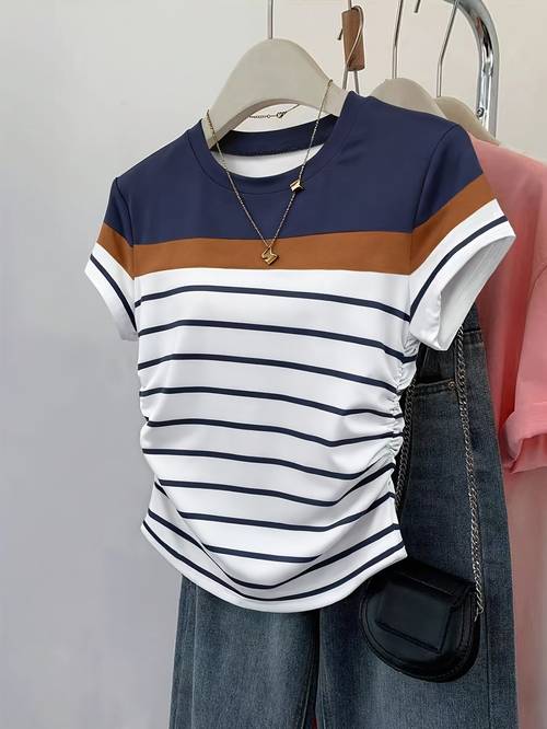 camiseta para mujer, estilo dirigido, y elegante, camiseta de manga corta con bloques de color a rayas multicolor y cintura entallada
