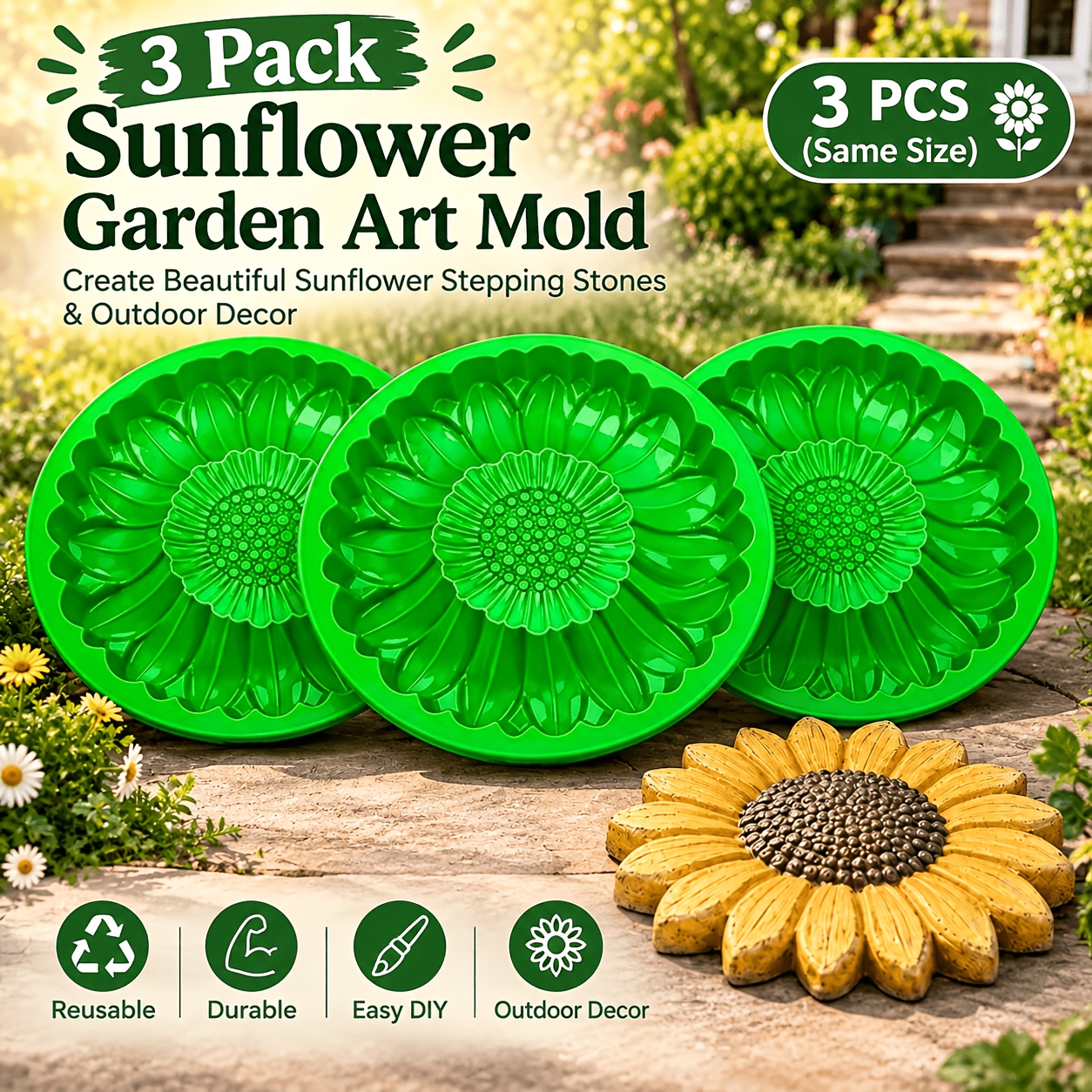 TEMU 3 Pack Sunflower Stepping Stone Mold, Reusable Concrete Cement Mold, Diy Garden Pathway Paver Mold, Outdoor Lawn Yard Decor, Same Size
