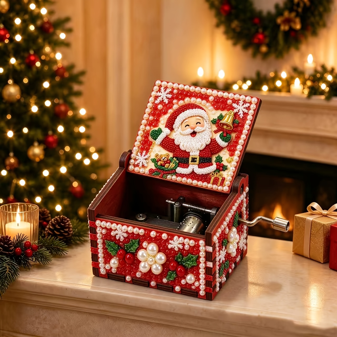 TEMU B04 Peinture Diamant Noël 3D Boîte à Musique à , Kit d'Art Diamant en Bois avec Détails de Perles , Artisanat Décoratif Six Faces, Motif Père
