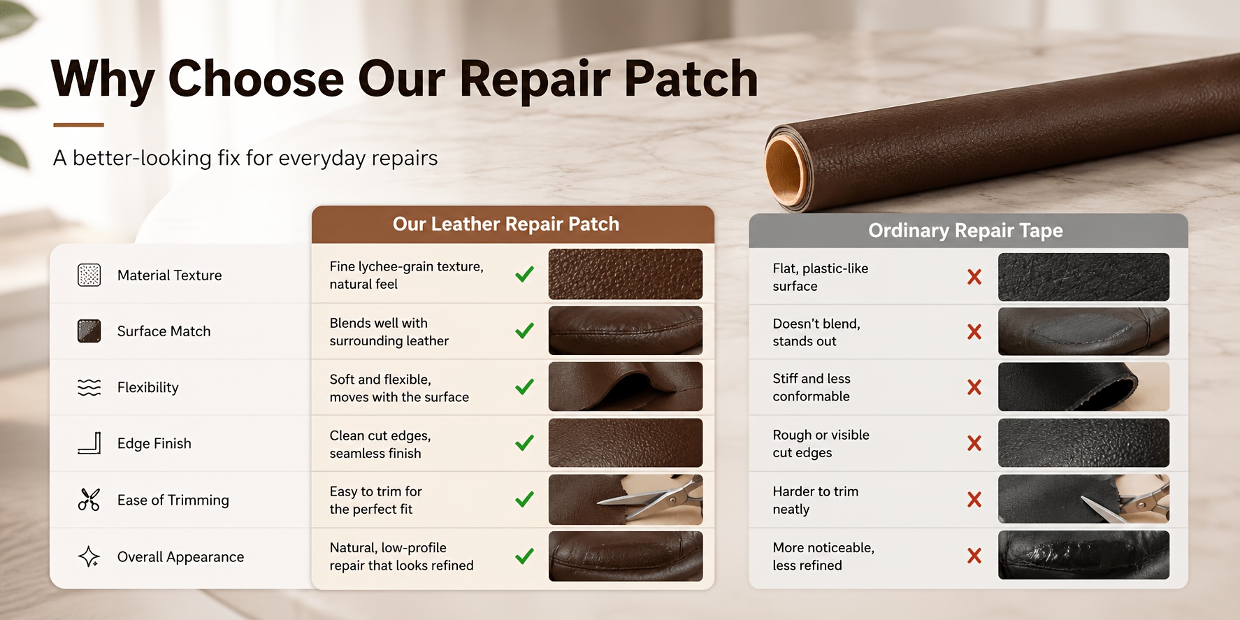1 Roll Self-Adhesive Leather Repair Patches, Multicolor Leather Sofa Repair, Car Seat Damage Repair Stickers, Thickened Wear-Resistant And Freely Cuttable, Self-Adhesive Backing Suitable for Leather Sofas, Chairs, Headboards