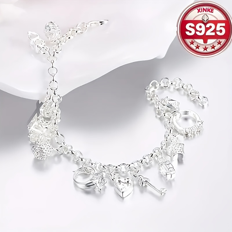 TEMU 925 Sterling Silver Charm Bracelet For Women, Vintage Fashion Collection, Daily Wear Jewelry Accessory, Total Weight Of The Product (2.5g)
