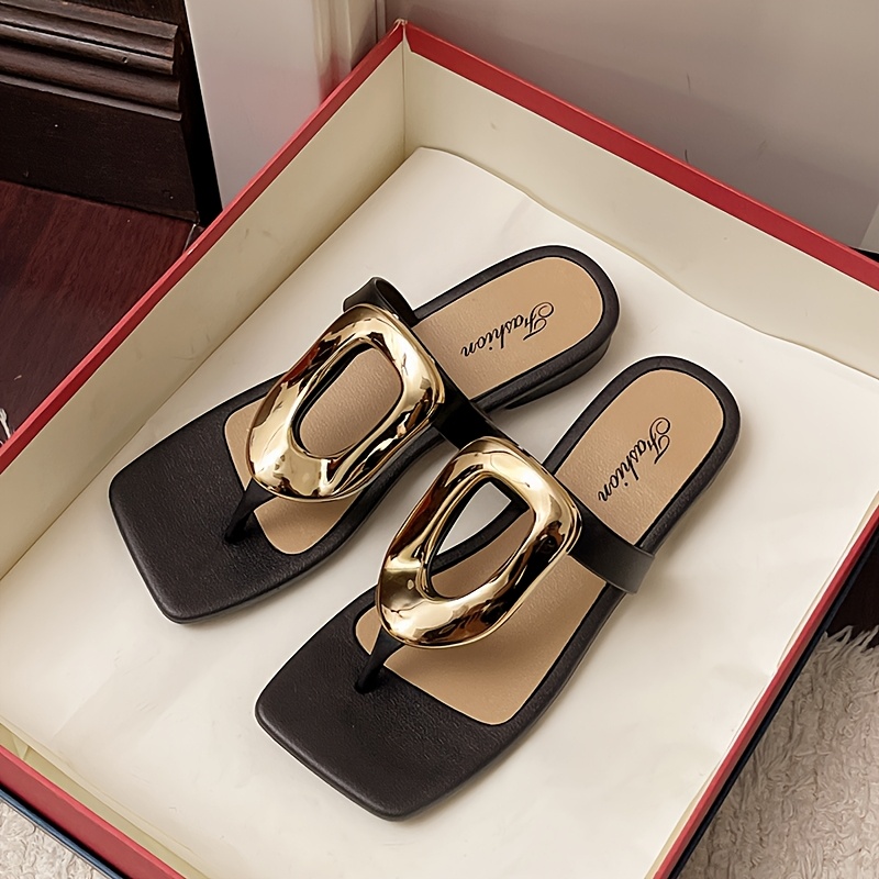 TEMU 2025 New Square Toe Niche Clip-toe Sandals For Women, Fashionable Flat Metal Beach , Women Shoes Elegant Women Shoes Shoes