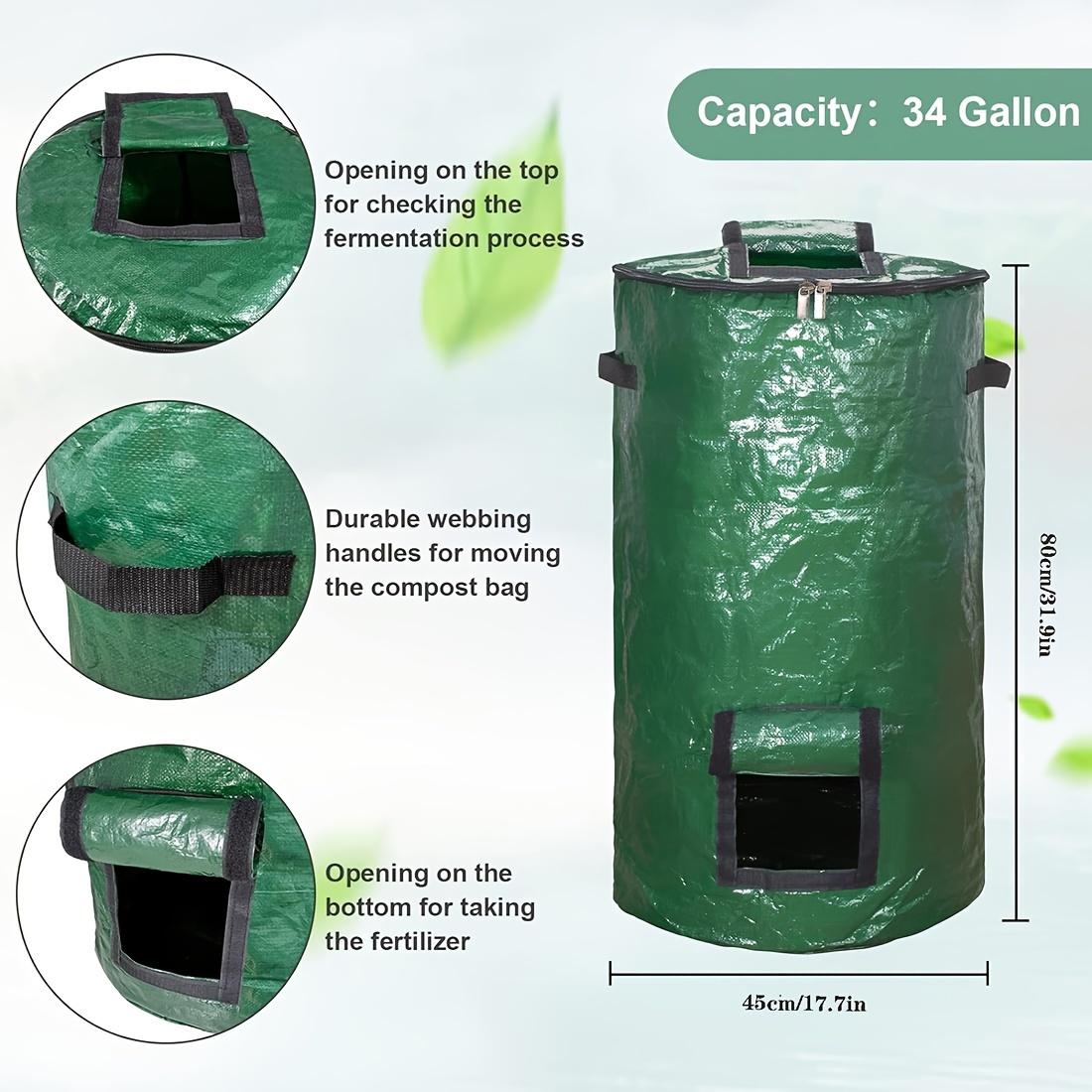 (2 Packs) 34-Gallon Compost Bin Bags with Skylight, Zipper Cover, And Handles, Reusable Yard Waste Bags, Outdoor Compost Bins