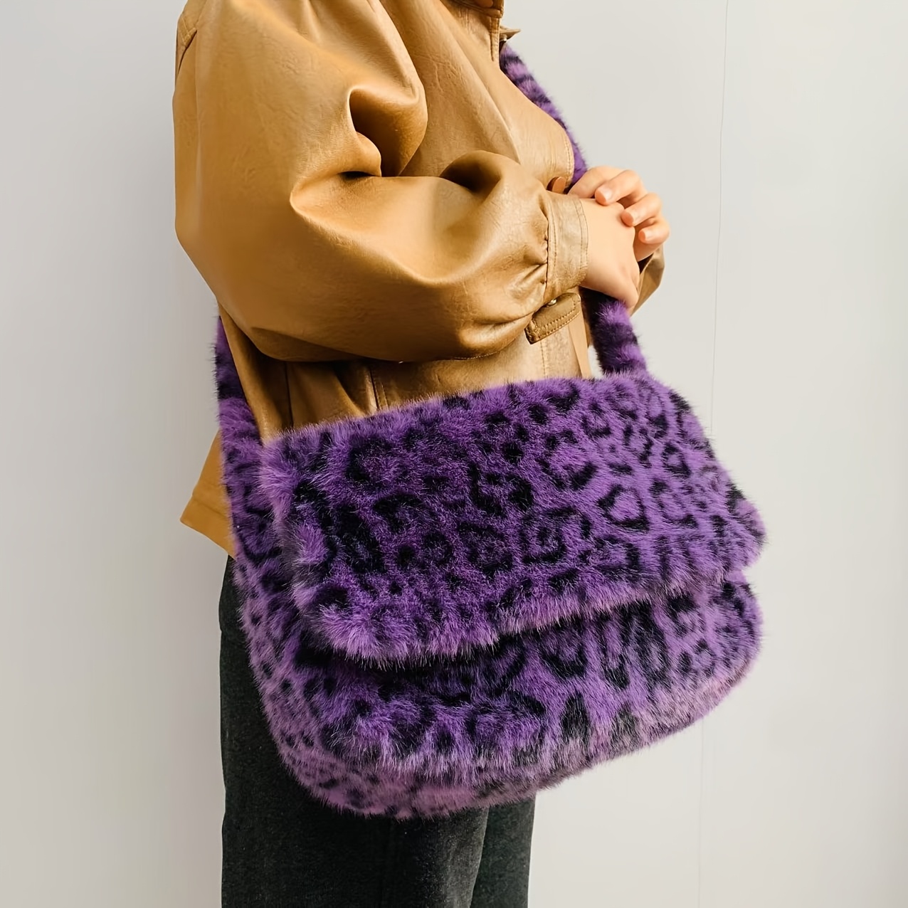 TEMU Women Crossbody Bag, Leopard Print Plush Flap Shoulder Purse, Y2k Bohemian Style Soft Fuzzy Underarm Handbag For Daily Shopping Dating