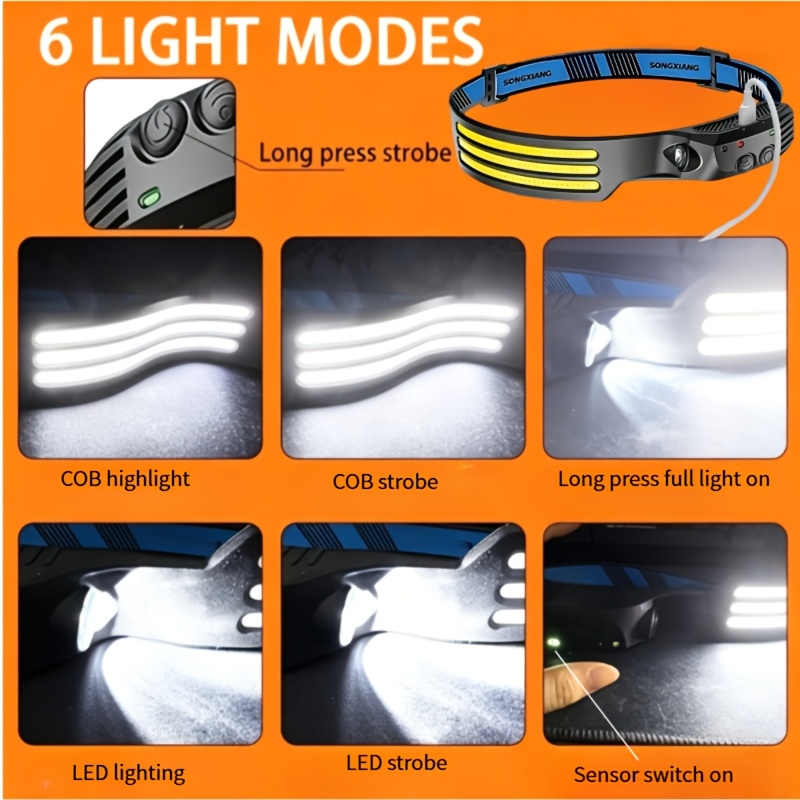 TEMU Phare 3 COB avec détecteur de mouvement, Phare LED à activation par capteur, Phare rechargeable par USB, Phare de course, Lampe de pêche. Vision