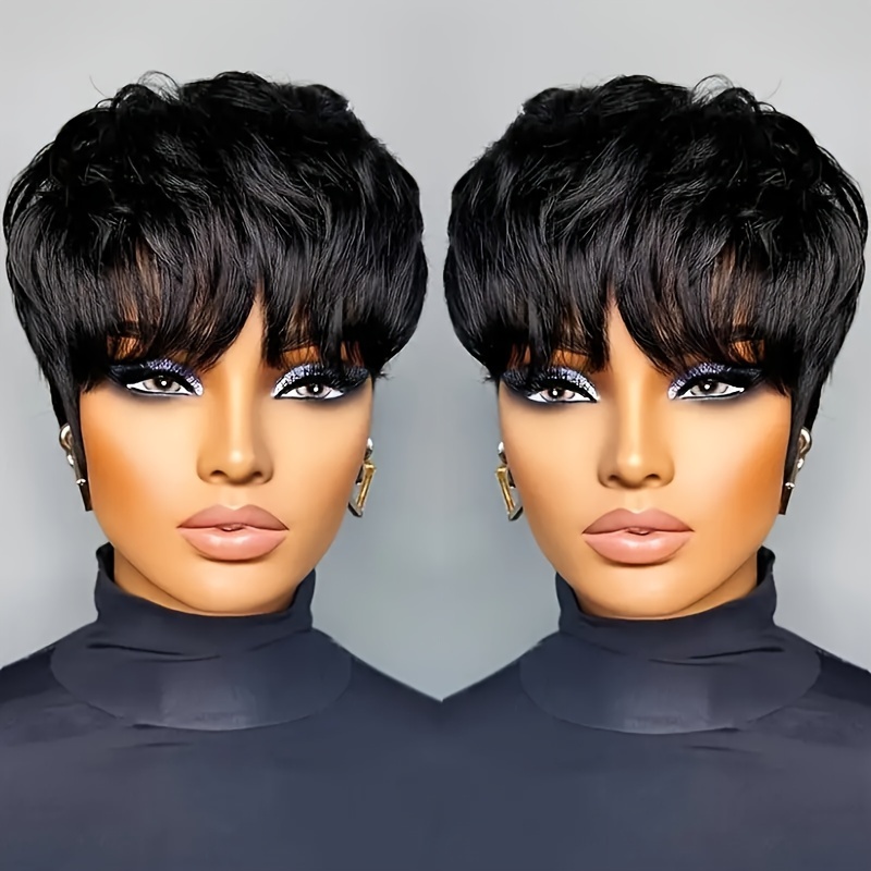 

Unisex Adult Pixie Cut Wig With Bangs - 180% Density Remy Virgin Peruvian Hair, Straight Layered Short Style, Glueless Non-lace Cap, Machine Made Full Head Wig For All People