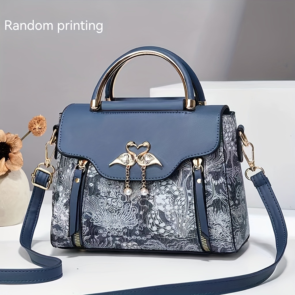 

Elegant Geometric Print Faux Leather Satchel For Women - Fashionable Luxury Handbag With Zip Closure, Polyester , Painted | Shoulder & Crossbody Bag With Chic Pendant Decor