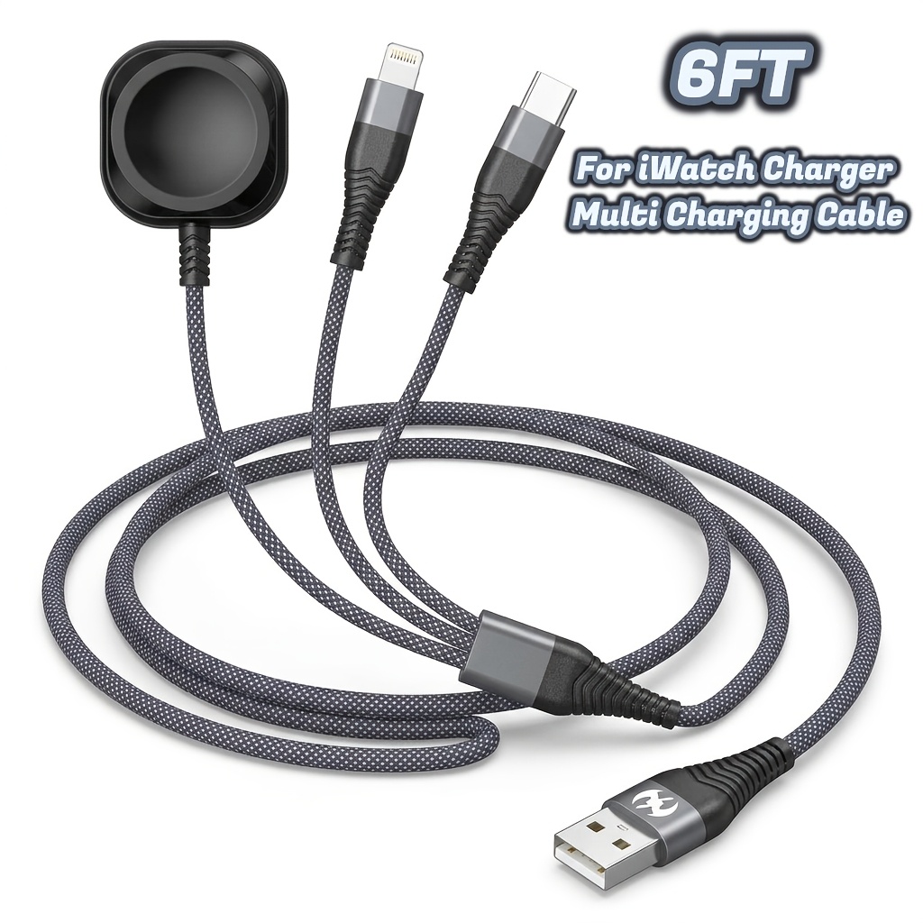 TEMU For Multi Charging Cable 71-inch Travel Essentials Nylon Braided Lightning Type C Usb Cord For Iwatch Wireless Charger 3-in-1 Charging Wire