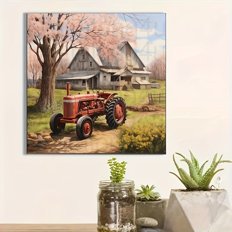 

5d Round Kit, Vintage Tractor And Farmhouse Landscape, Canvas Embroidery Art For Home And Room Decor, Diy Craft With Diamond Beads, - 20cm X 20cm