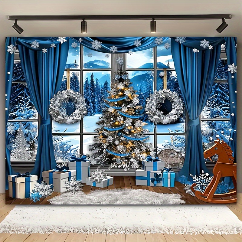 

Winter Wonderland Christmas Backdrop - Blue Curtain With , Snowy Gift Box & , Polyester, Living Room, Outdoor Decor, Live & Photo Booths (39x59" / 70.8x90.5")