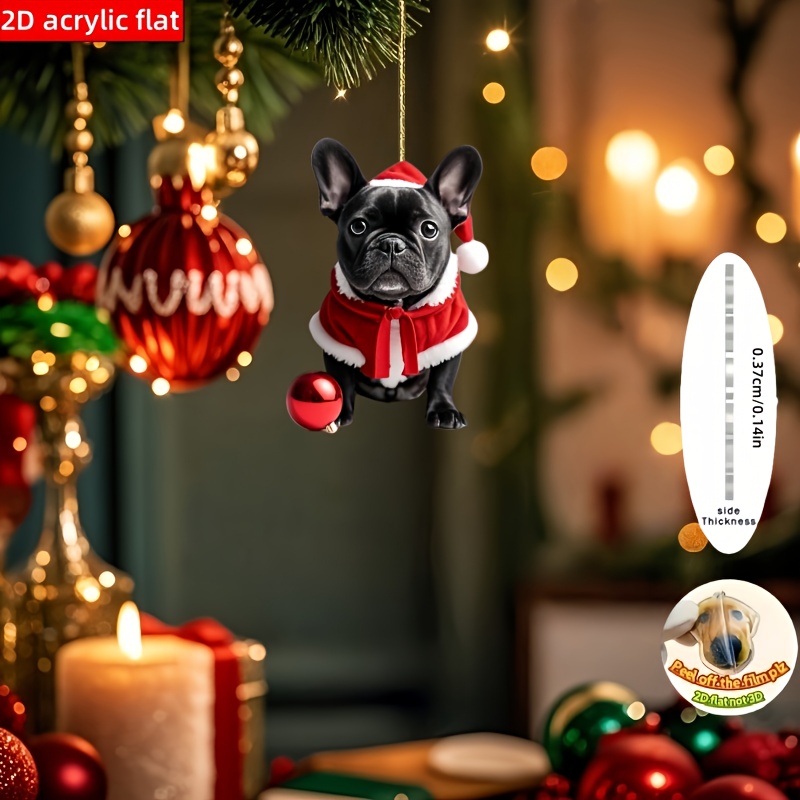 TEMU 2d Flat, 1pc Adorable French Bulldog Christmas Ornament - Suitable For Christmas Tree Decorations With Santa Hat & Outfit, Durable Acrylic