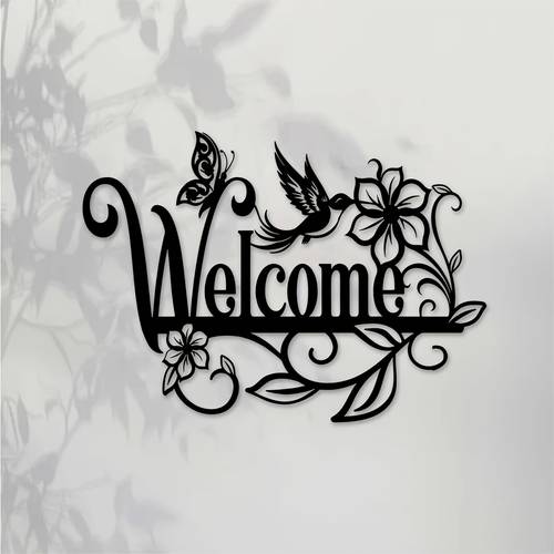 . metall willkommensschild wandskulptur - lebendige außengarten-kunst mit , blumen & schmetterlingen, langlebiger metallschmuck für einweihungsparty, hochzeit, weihnachten, festtagsgeschenk (40x29 cm), festliche wandkunst | florale wandkunst | detailreiche metallarbeit, gartendekoration aus metall