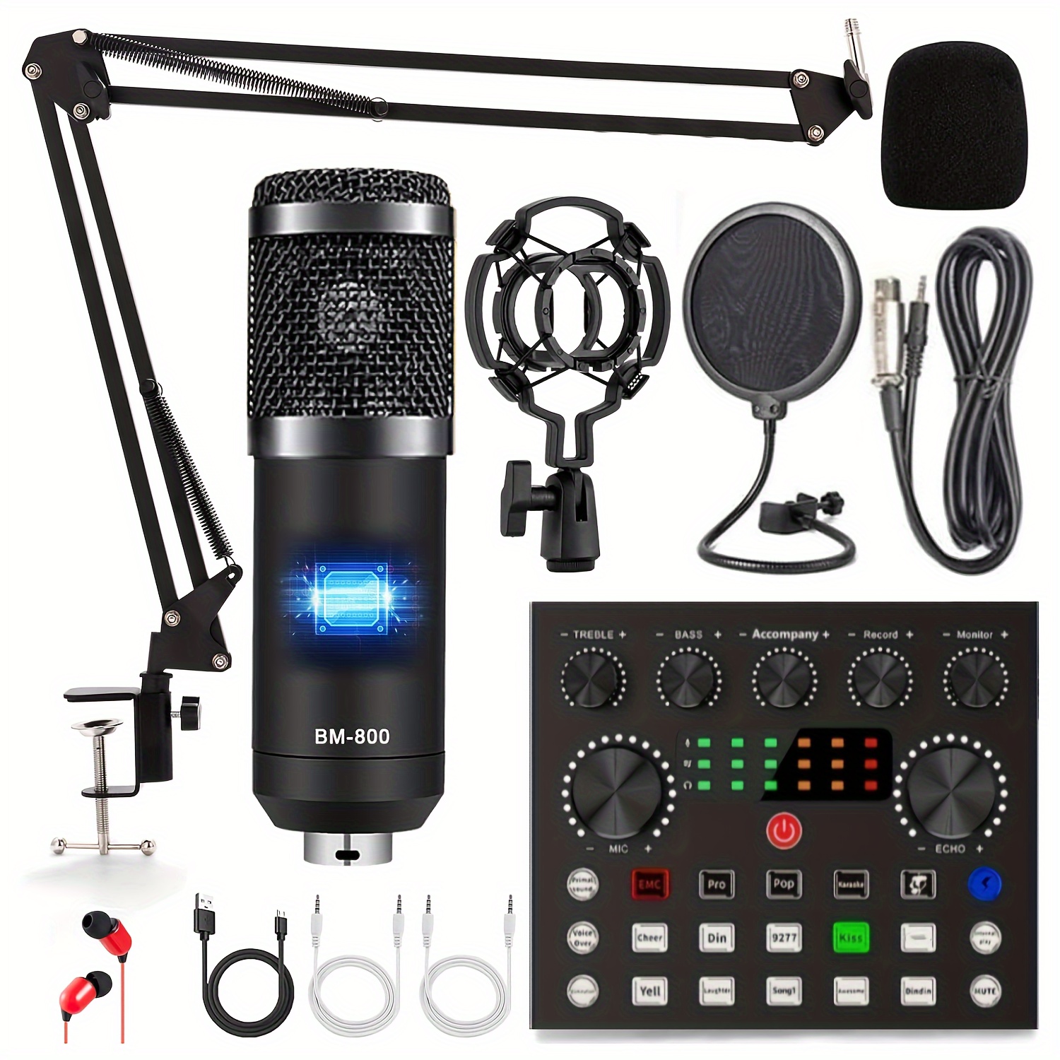 TEMU Podcast Equipment Bundle, Wired Microphone, Audio Interface With All In 1 Live Sound Card And Bm-800 , Recording