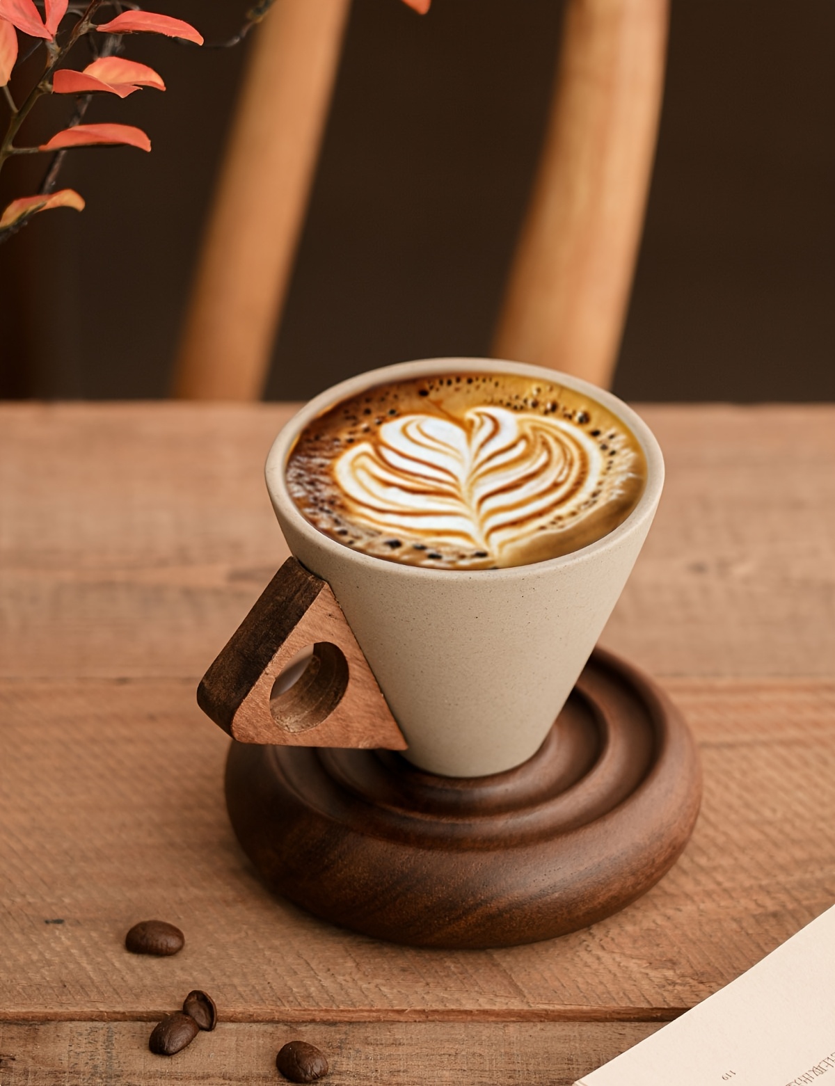 1 Thick Ceramic Handmade Coffee Cup with Wide Spout, Funnel Shape and Genuine Wooden Handle & Coaster Set for High-End Home Office Café Use - Ideal as a Present