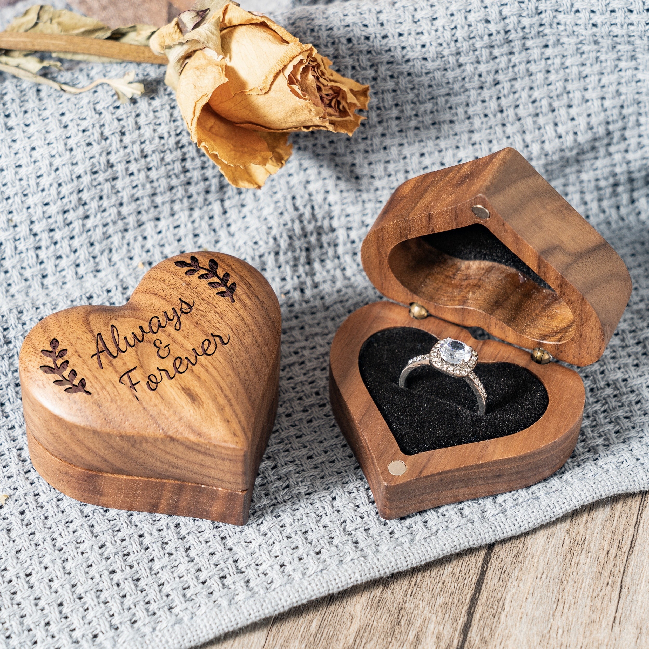 

Wooden Heart-shaped Ring Box With '' Engraving - Elegant Vintage Single Slot Engagement Ring Holder, Personalized Wedding Ring Display Stand, Small Unique Ring Storage Box - Black Interior