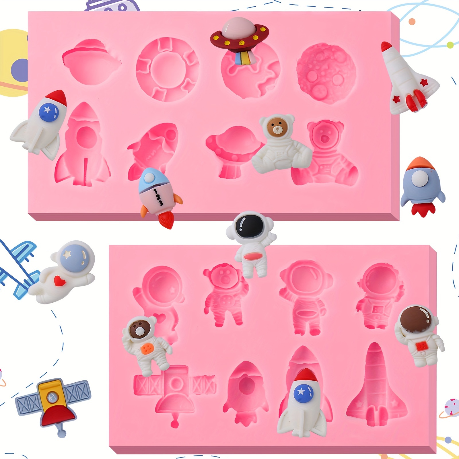 Mini Astronaut Cake Decoration Silicone Mold 2pcs, Spaceship Chocolate Fondant Mold, For Cupcake Toppers, Candy, Mousse, Dough, Resin, Plaster, Candle, Clay, Epoxy Resin