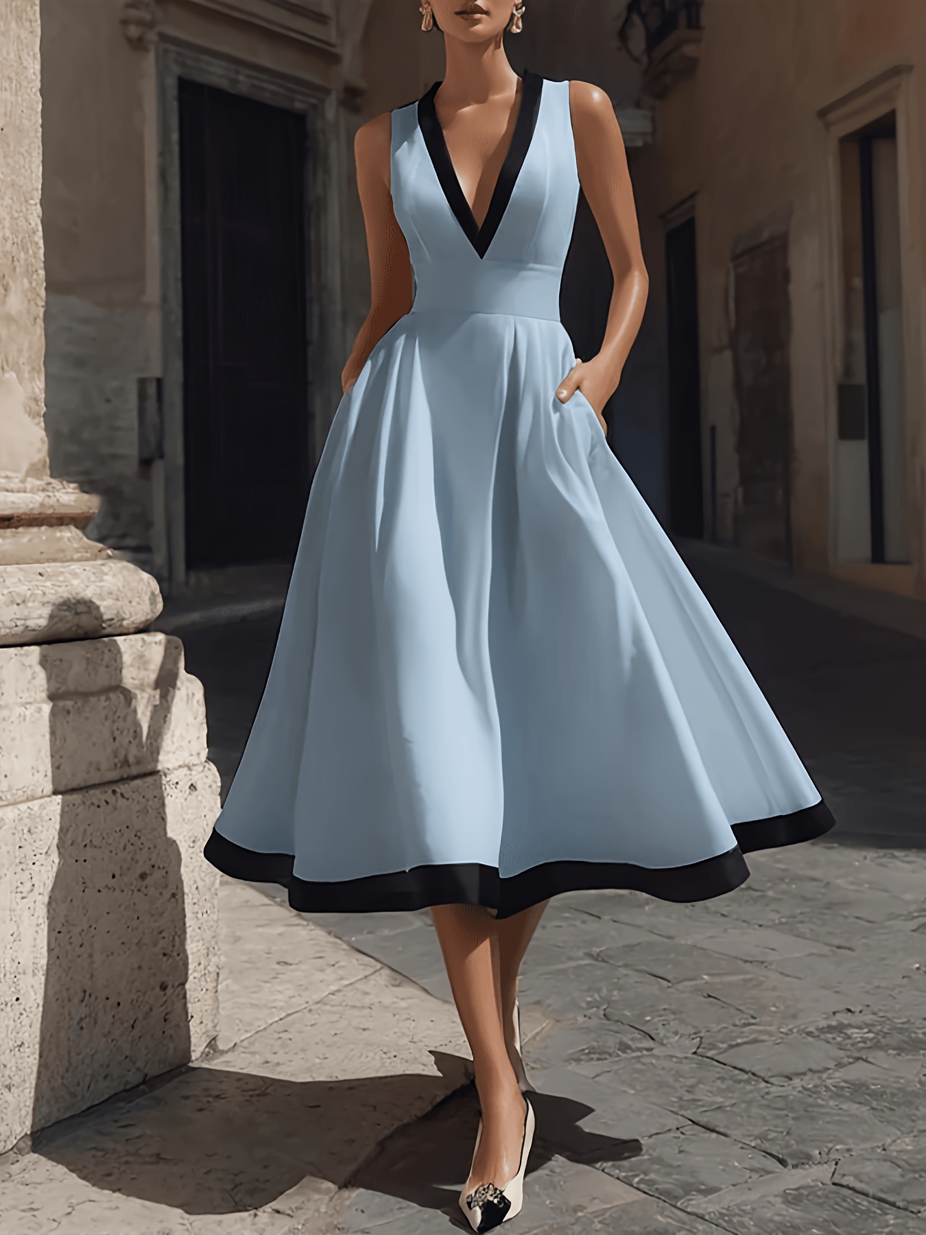 sleeveless flared skirt dress Sleeveless Midi Dress with Structured Seaming and Flared Skirt  Modenaire
