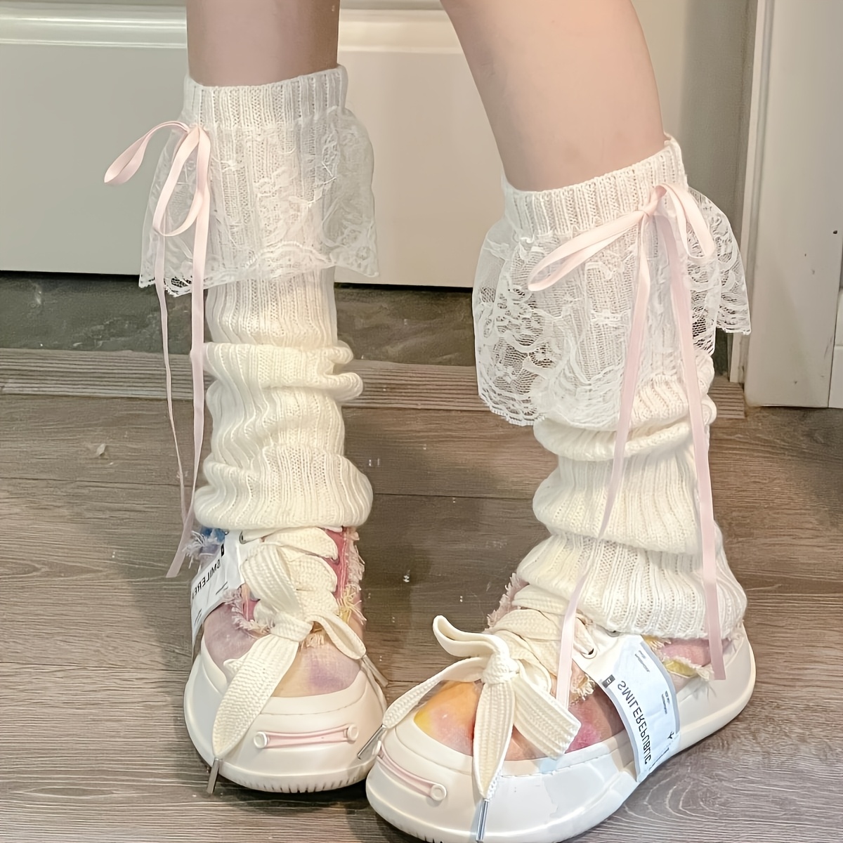 TEMU 1 Pair Of Lace Ribbon Bow Socks, Women's Slouch Leg Warmers, Y2k Style, With Additions
