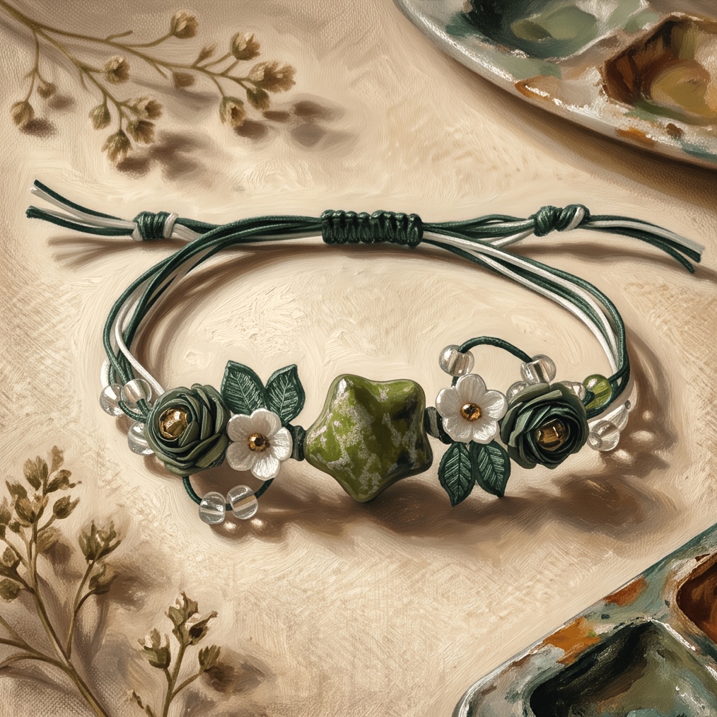TEMU Nouveau bracelet de style bohème, entièrement tissé à , vert forêt, , corde de , unique, verte chaude avec texture verte, de roses en tissu, de