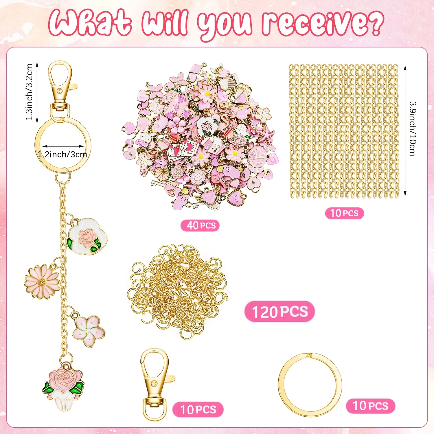 E-shop 190 DIY Valentinstag Rosa Schlüsselanhänger Set – 40 Rosa Anhänger, 10 Schlüsselanhänger, 120 Sprungringe, 10 Verlängerungsketten, 10