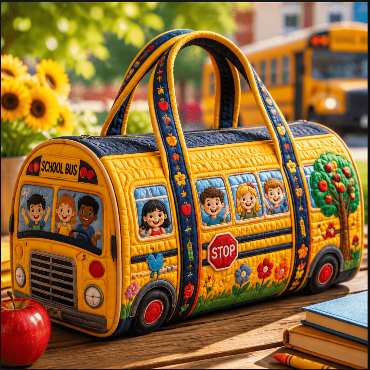 TEMU 1pc Colorful School Bus & Print Quilted Duffel Bag, Large Capacity Lightweight Travel Gym Weekender Bag For Students, Teachers, School And Back