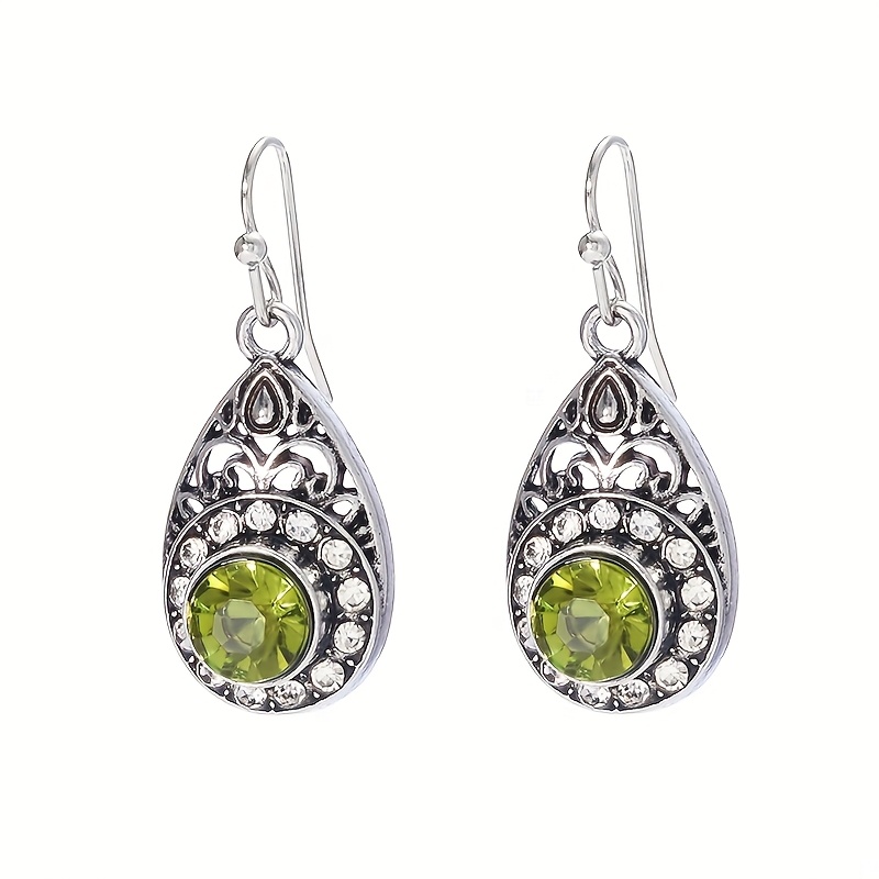 Image of A Pair Of Retro Ethnic Style Bohemian Pendant Earrings, Set With White And Green Synthetic Zirconia Embellishments, With Hollow , Suitable For Women' Wear