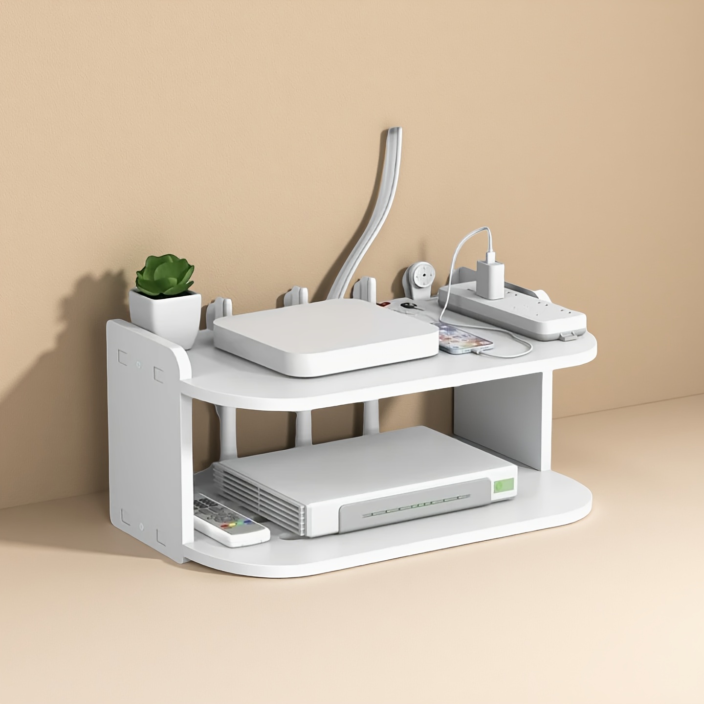 E-shop 2-stufiger Wandhalte-Organizer, Kunststoff, einfache Installation, kein Bohren erforderlich, Aufbewahrungsbox für Router TV-Set-Top-Box, mit
