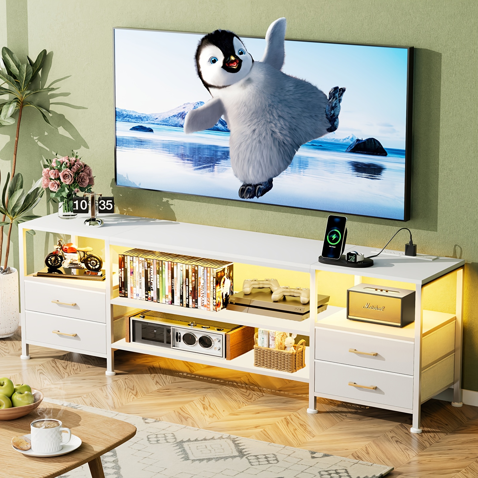 Image of 70-inch Tv Cabinet, 160x40cm Large Entertainment Furniture, With 4 Fabric Drawers, 2-layer Hollow Shelves, White, Suitable For Living Room, Bedroom, White.