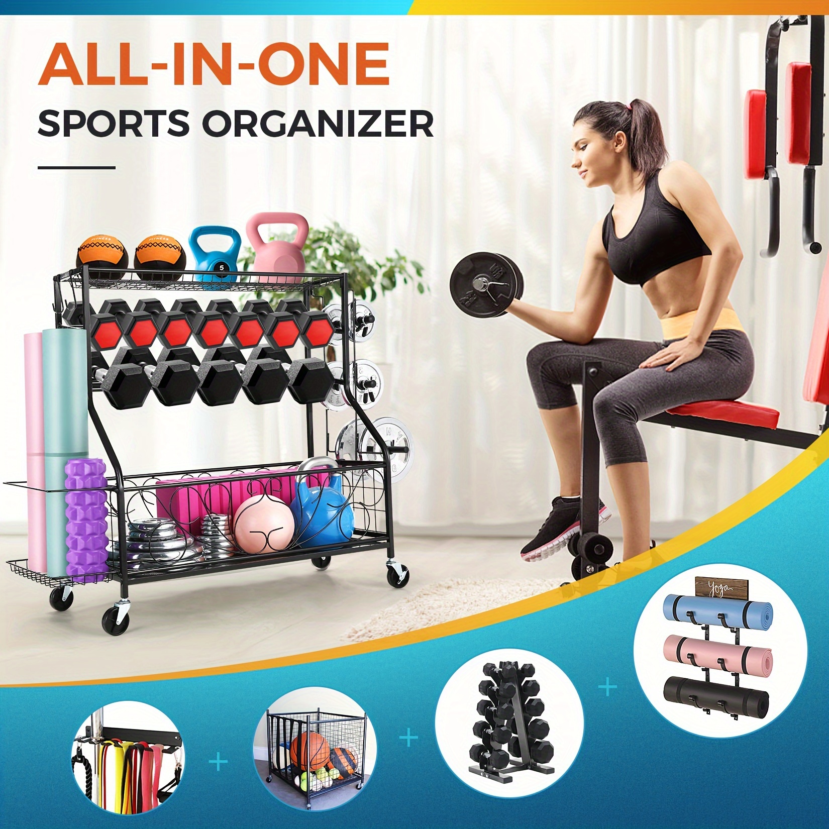 

Sports Equipment Garage Organization And Storage Yoga Mat Holder For Home Gym Weight Rack For Dumbells And Kettlebells Ball Storage Rack With Hooks And Lockable Wheels