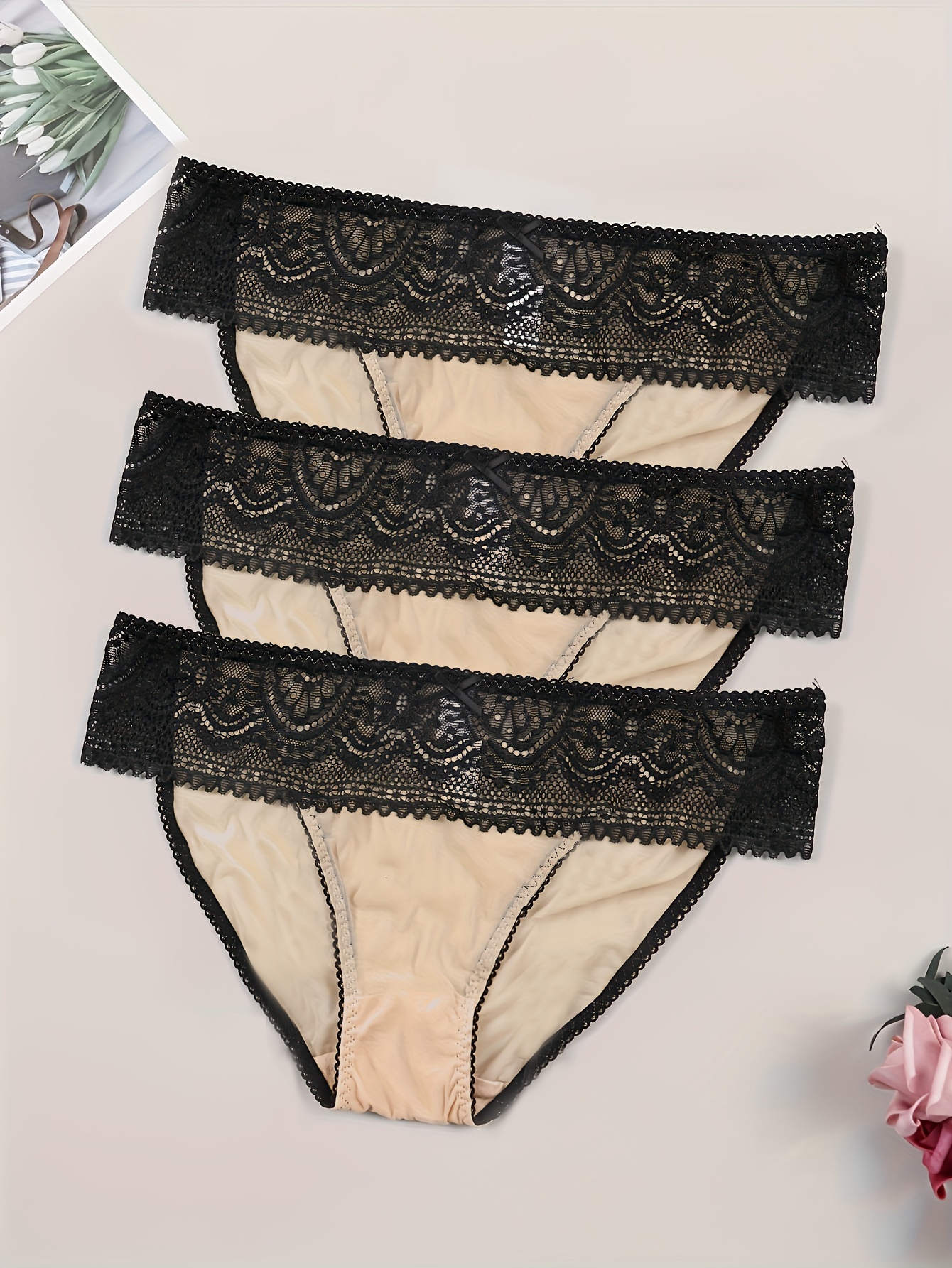 2PCS/Set Perspective Lace Underwear Women Panties Sexy Lingerie Floral  Panties for Female Briefs Middle Waist