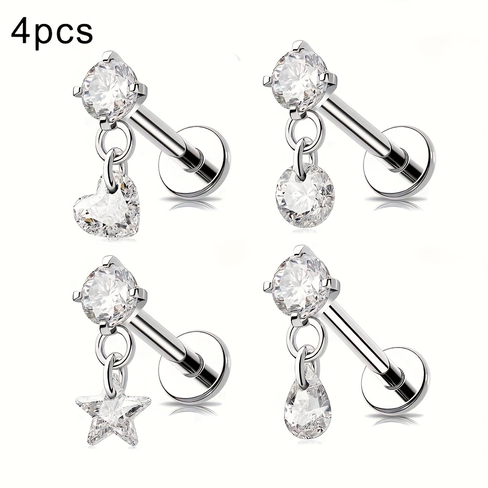 Image of 4 Different Shapes 16g Female Spiral Stud Earrings Set 316l 316l Stainless Steel 316l Flat Back Earrings 6/8 Mm Cartilage Earrings Draped Clear Cz Spiral Piercing Spiral Earrings